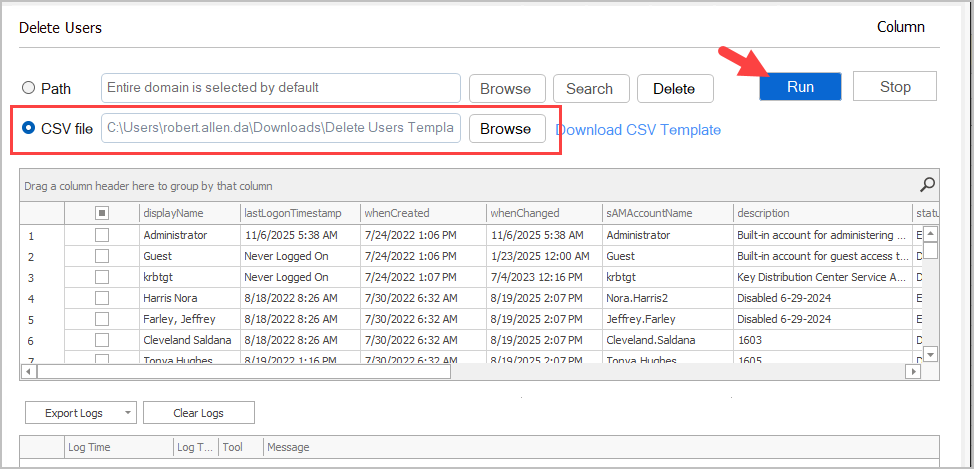 delete from csv click run