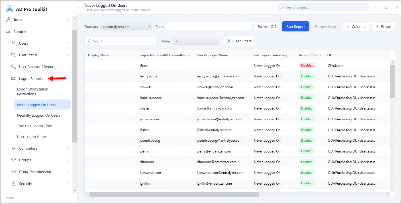 select logon reports