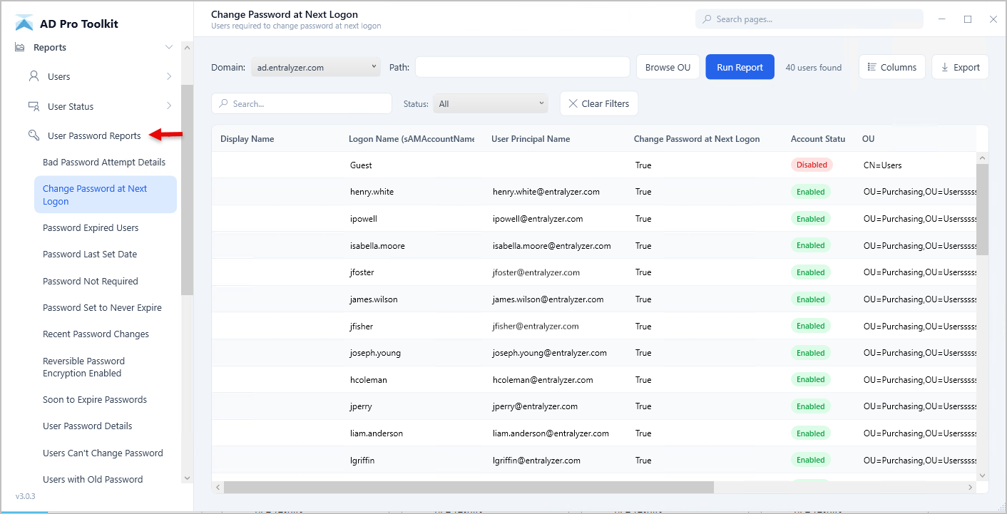select password reports